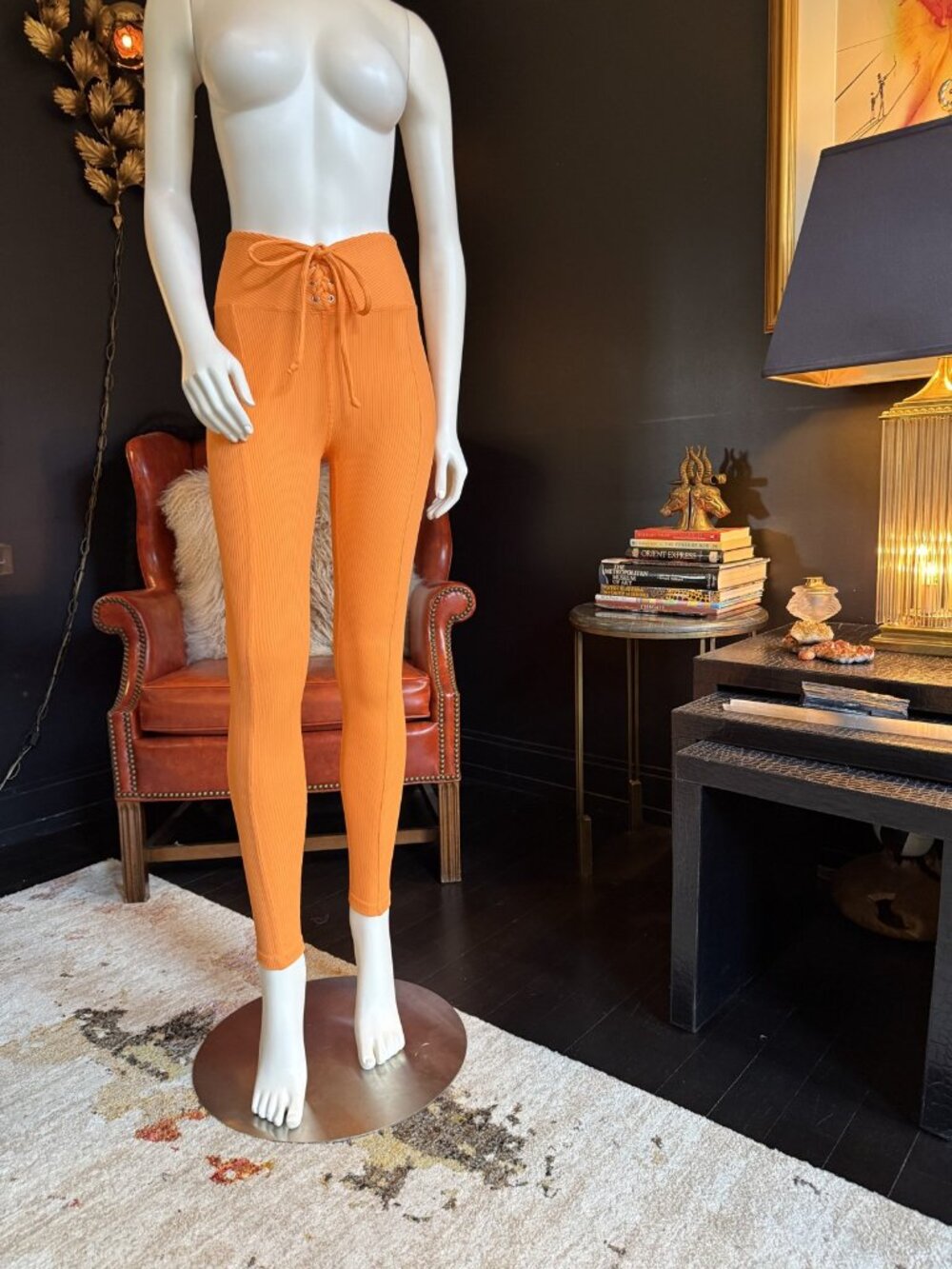 Year of Ours Orange Ribbed Lace-Up Football Leggings Size S